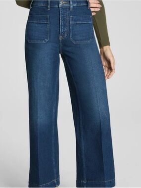 SPANX Wide-Leg High-Rise Jeans in Dark Blue Denim
